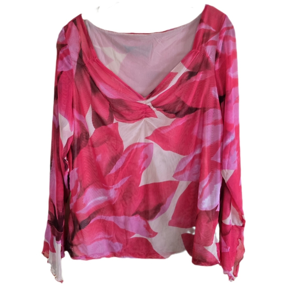 Flattering! Fun! Ruched Pink Red Mesh Blouse Ruffle Lettuce-Edge Sleeve and Hem
